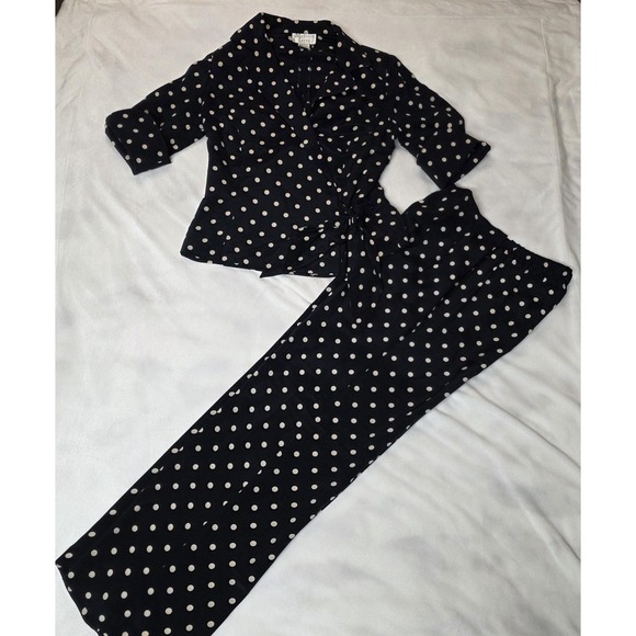 Vintage Madison Gray Silk Dress Pants & Blouse Polka Dots Navy Cream Womens 6P - Picture 2 of 14